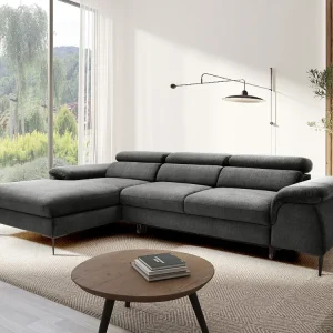 Design-hoekslaapbank met hoek links van antracietgrijs velours SEPINA