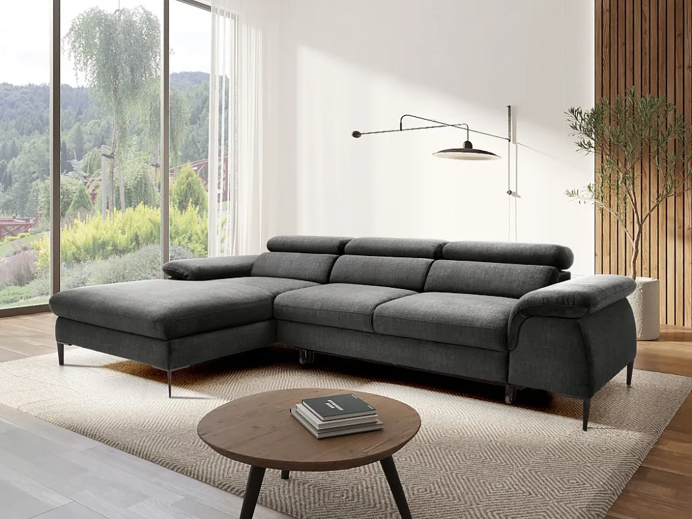 Design-hoekslaapbank met hoek links van antracietgrijs velours SEPINA