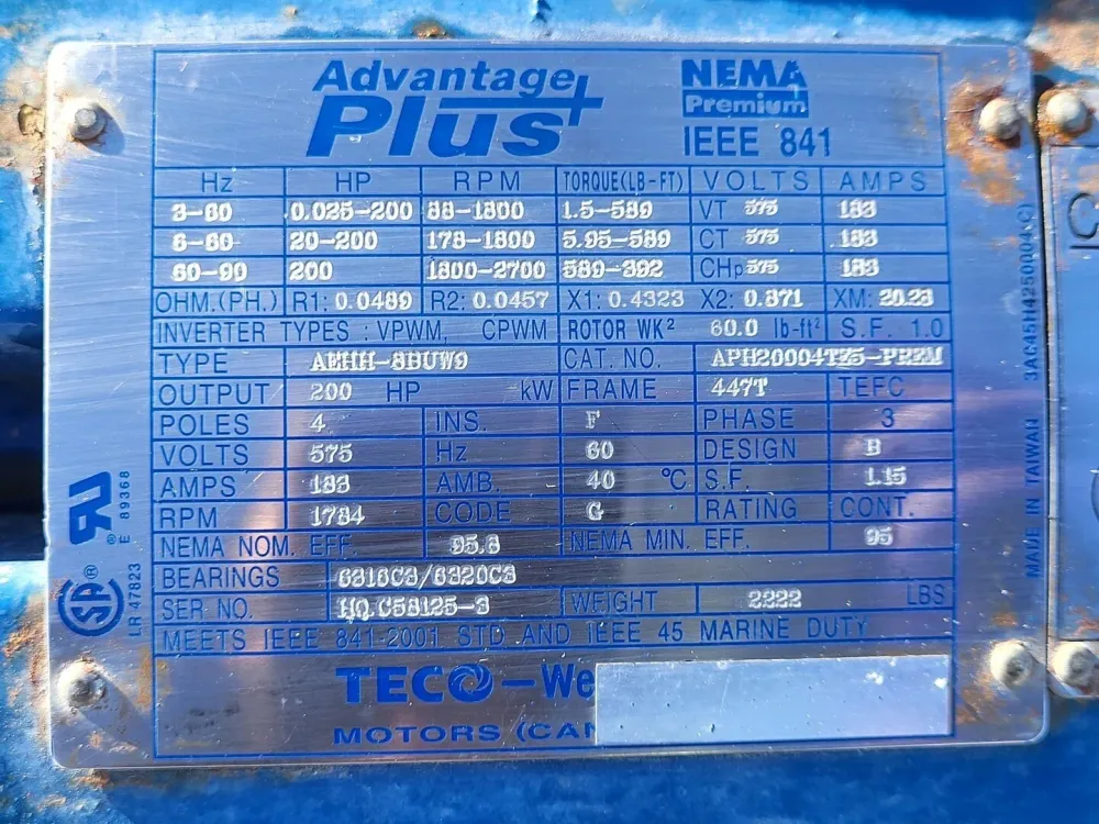 200 hp, 575 volts, 2700 rpm, 447T, Electric Motor APH20004TZ5