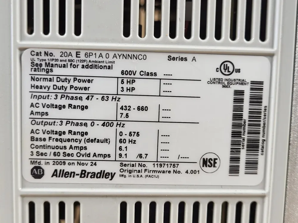 5 hp Powerflex 70 AC Drive 20AE6P1A0AYNNNCO