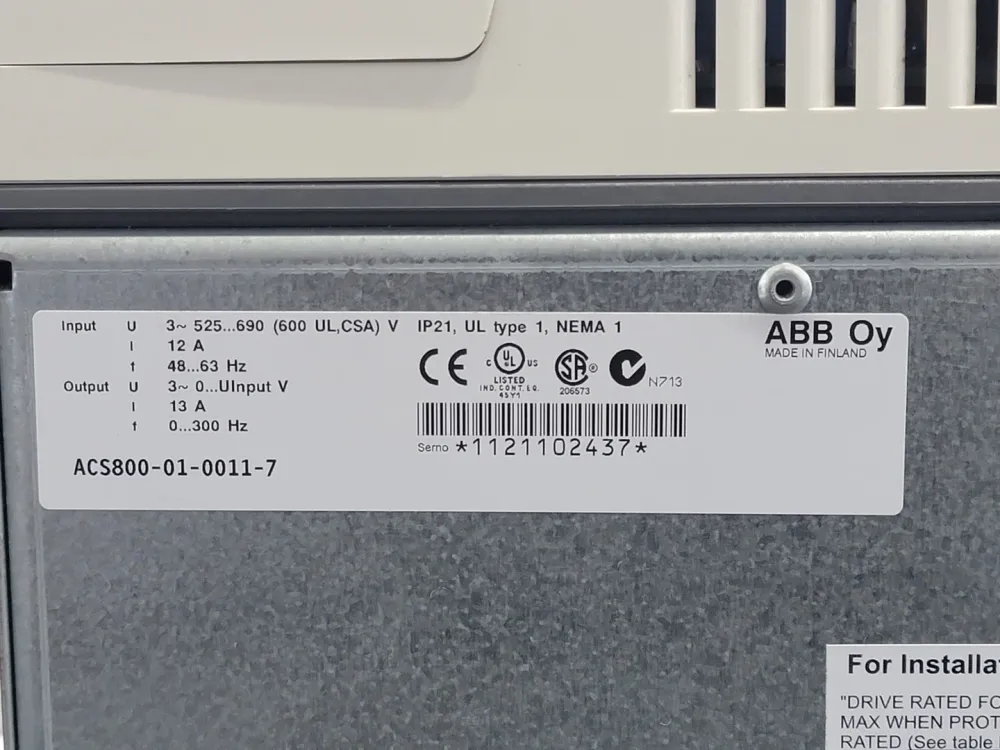 10Hp Variable Frequency Drive (VFD) ACS800-01-0011-7