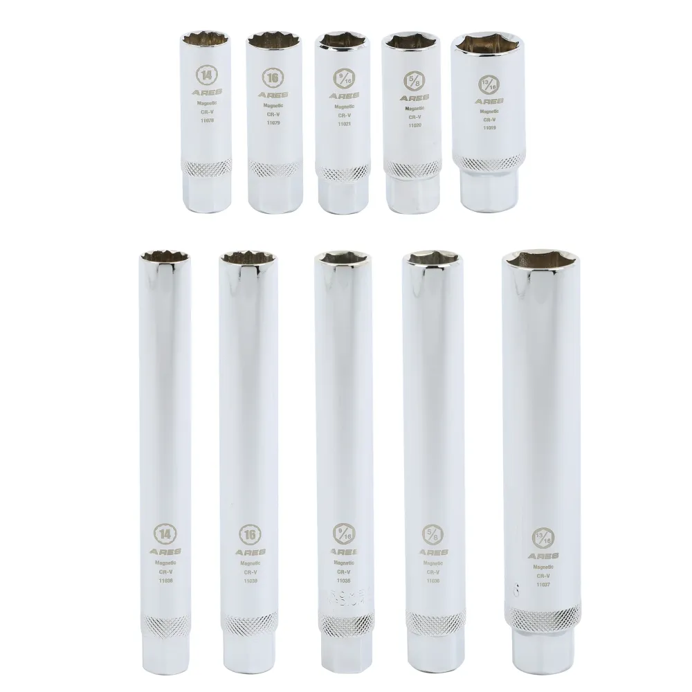 ARES 11033 - 10-Piece Extra Deep and Conventioneel Length Magnetic Spark Plug Socket Set