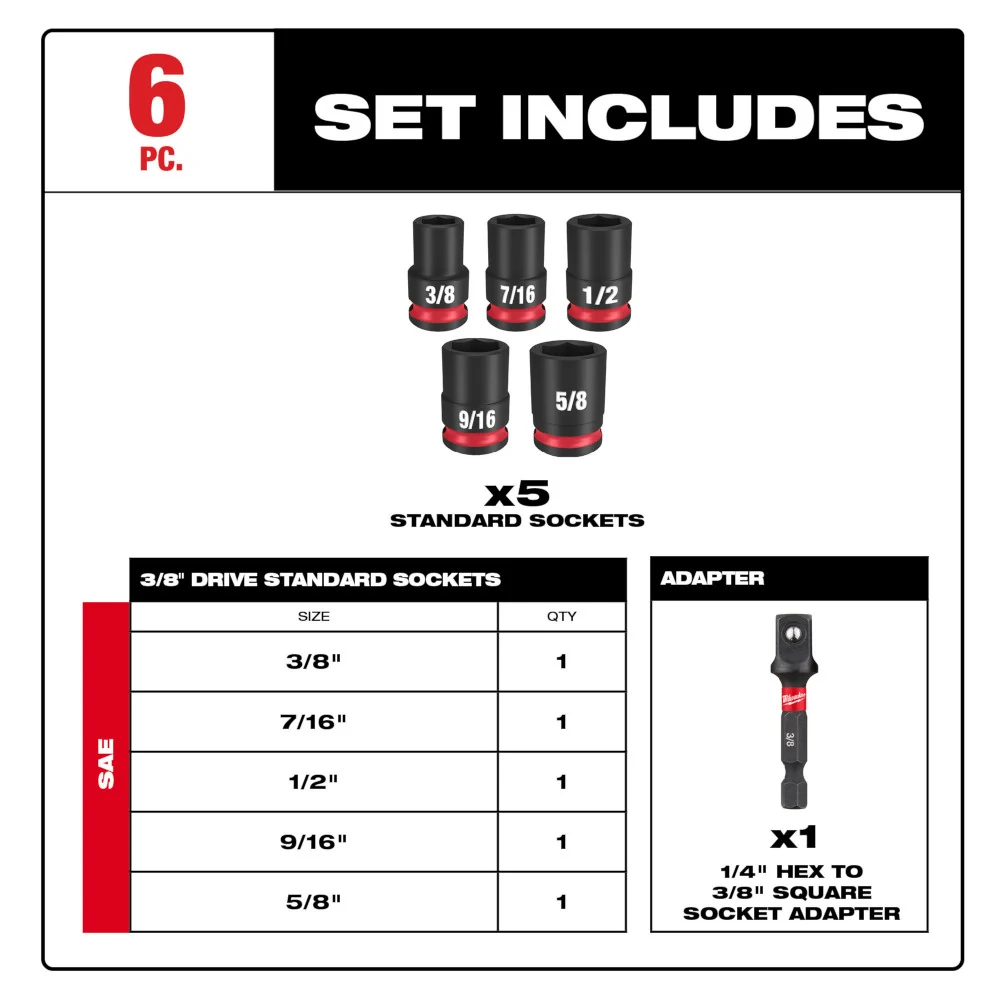 MILWAUKEE 6 PC. SHOCKWAVE IMPACT DUTY 3/8" Drive Klassiek Socket Set - SAE