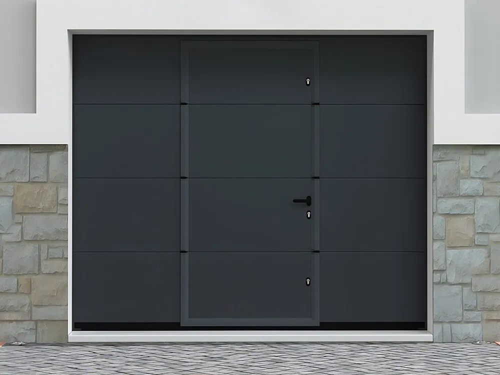 Sectionale garagedeur met glad effect en centrale loopdeur antraciet met motor - LAVEGA