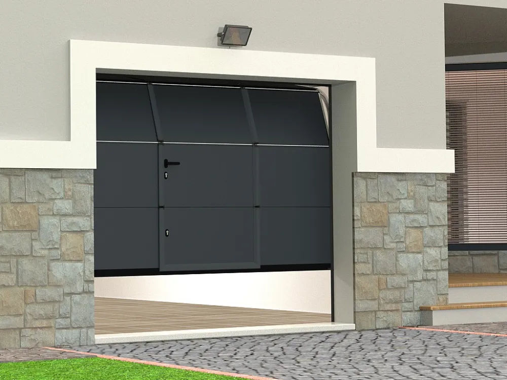 Sectionale garagedeur met glad effect en centrale loopdeur antraciet met motor - LAVEGA