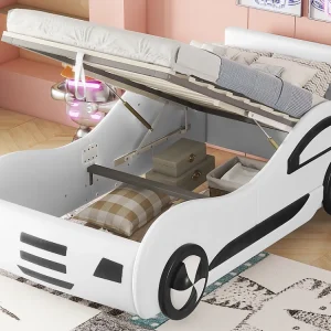 Autovormig kinderbed - 90x200cm kunstleren opbergbed met lattenbodem - Wit