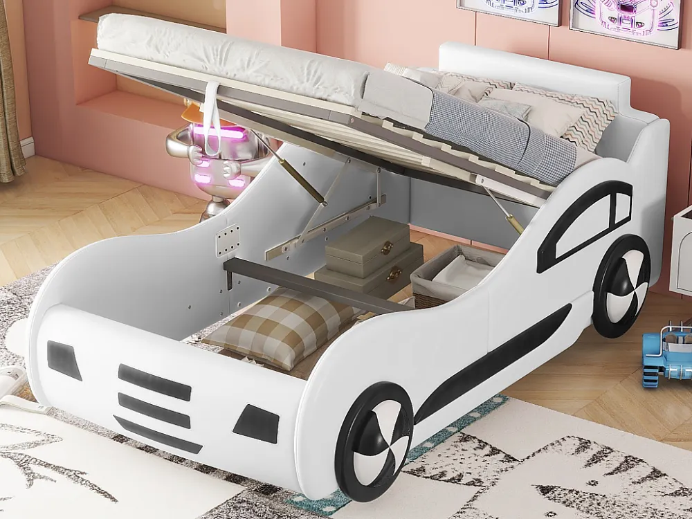 Autovormig kinderbed - 90x200cm kunstleren opbergbed met lattenbodem - Wit