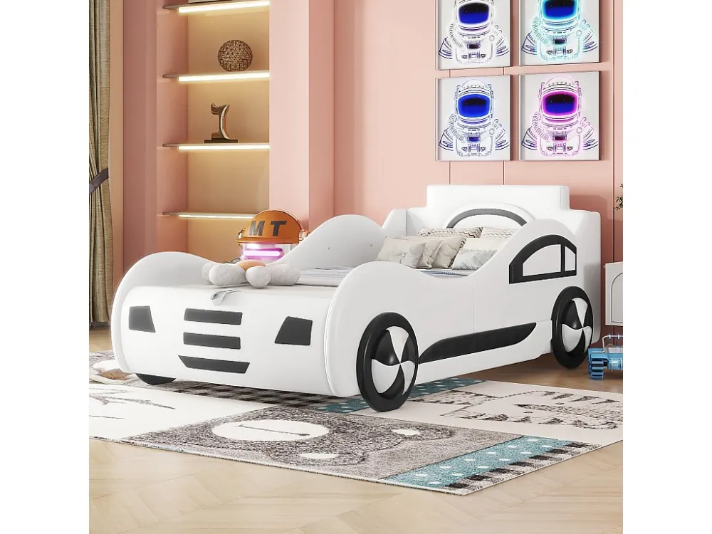 Autovormig kinderbed - 90x200cm kunstleren opbergbed met lattenbodem - Wit