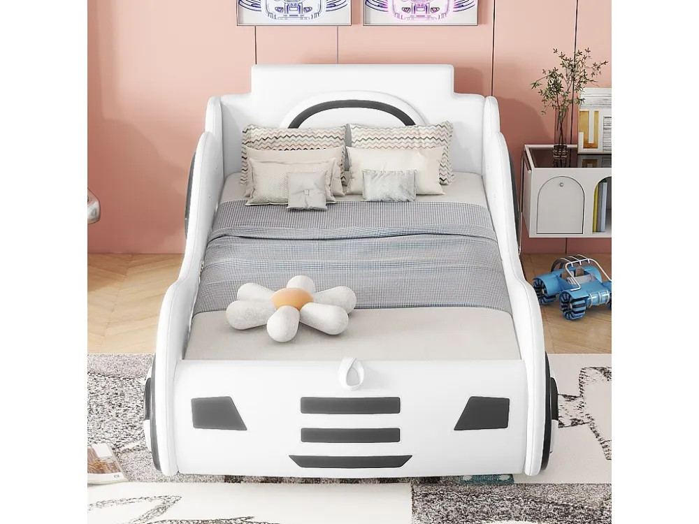 Autovormig kinderbed - 90x200cm kunstleren opbergbed met lattenbodem - Wit