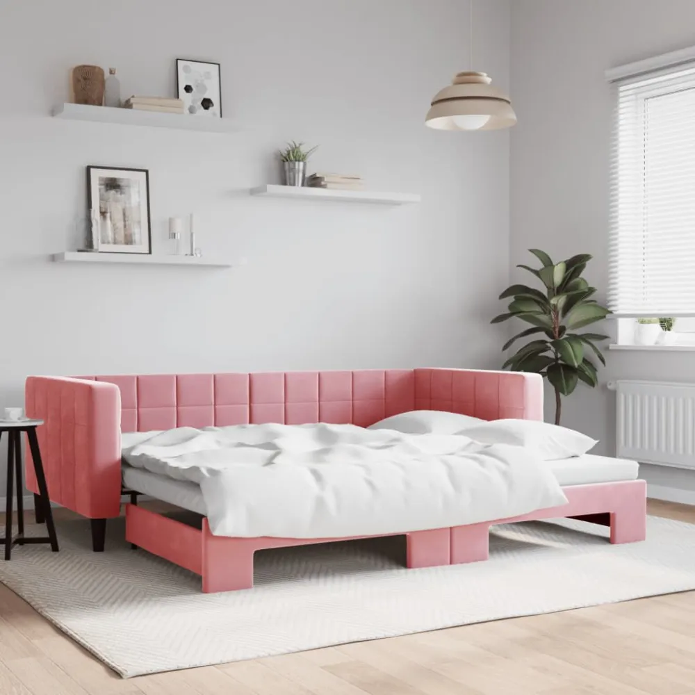 Camper Gordijnrail Slaapbank met onderschuifbed 90x200 cm fluweel roze