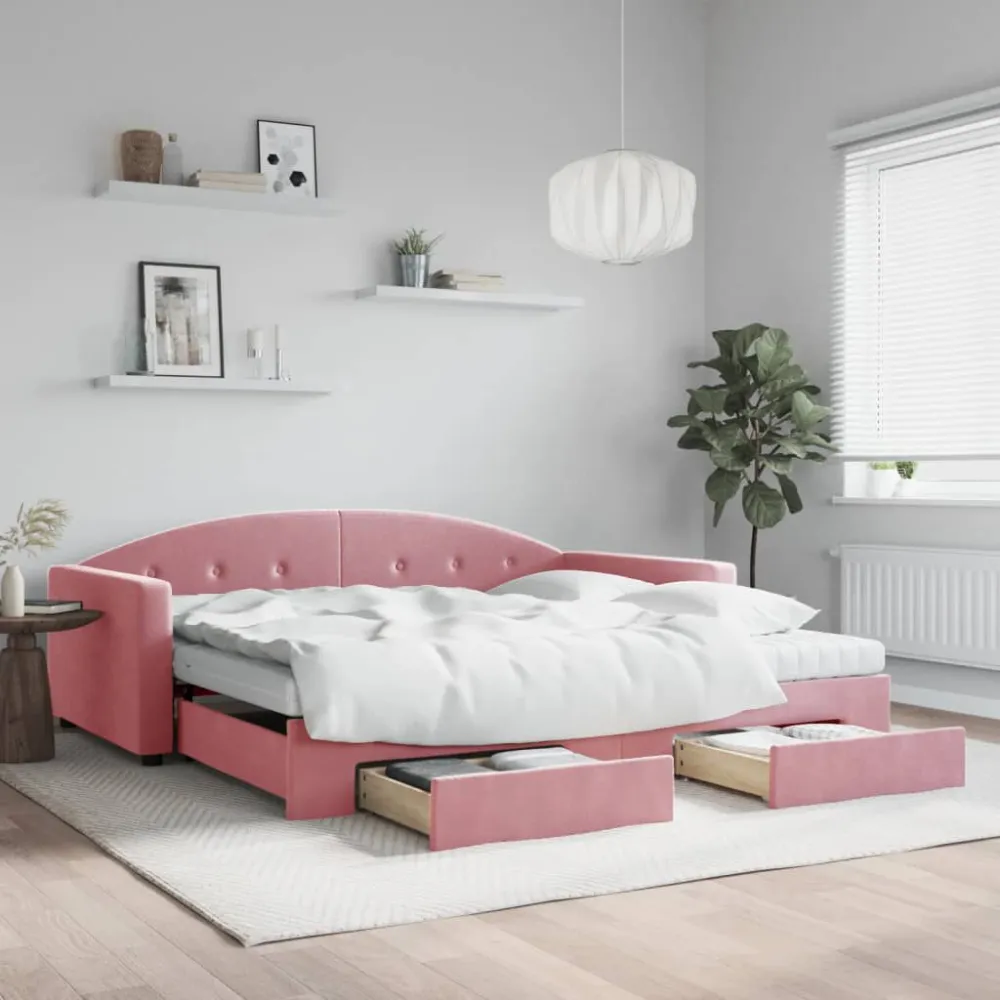 Camper Keukenkast Slaapbank met onderschuifbed en lades 100x200 cm fluweel roze