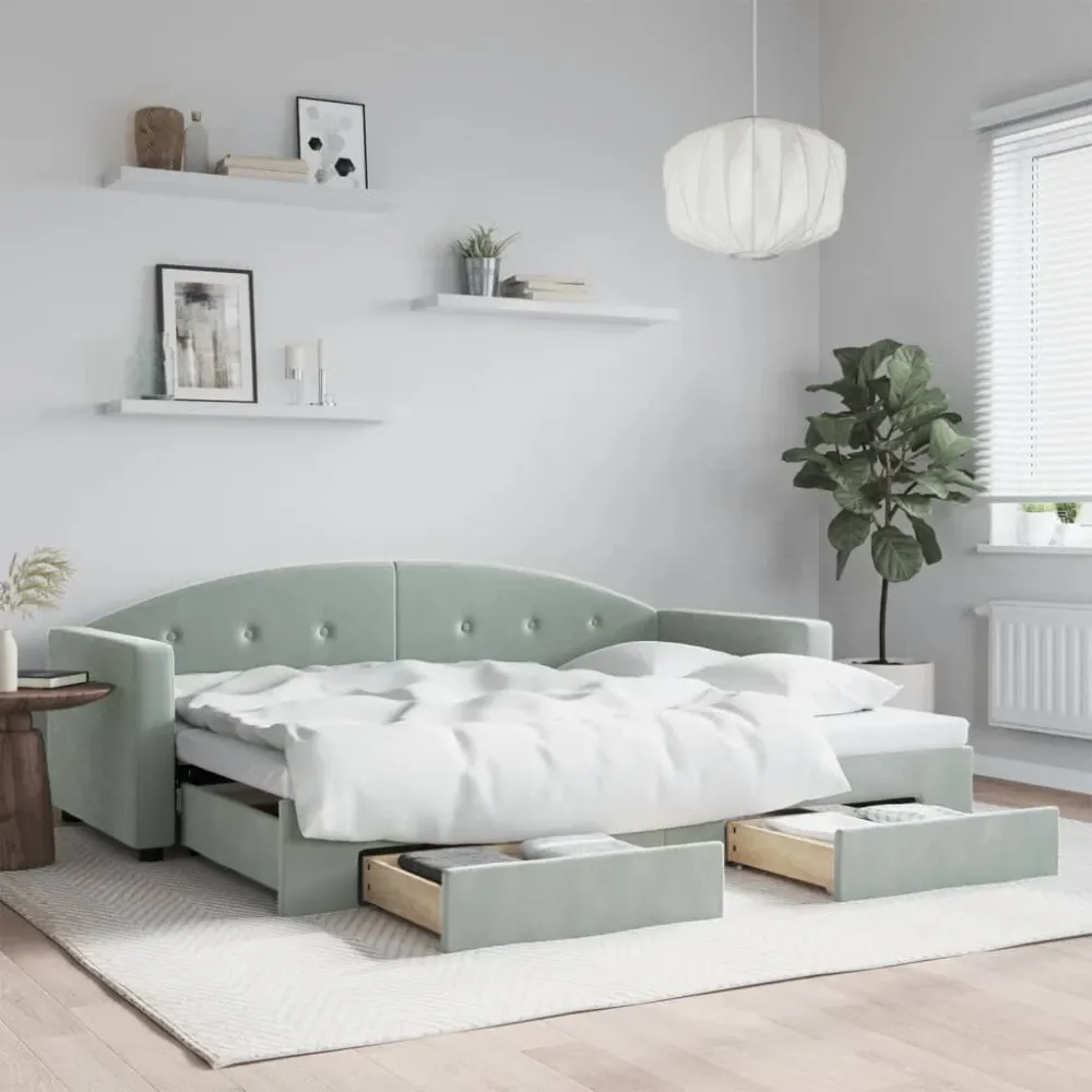 Camper Tafelpoort Slaapbank onderschuifbed en lades 80x200 cm fluweel lichtgrijs
