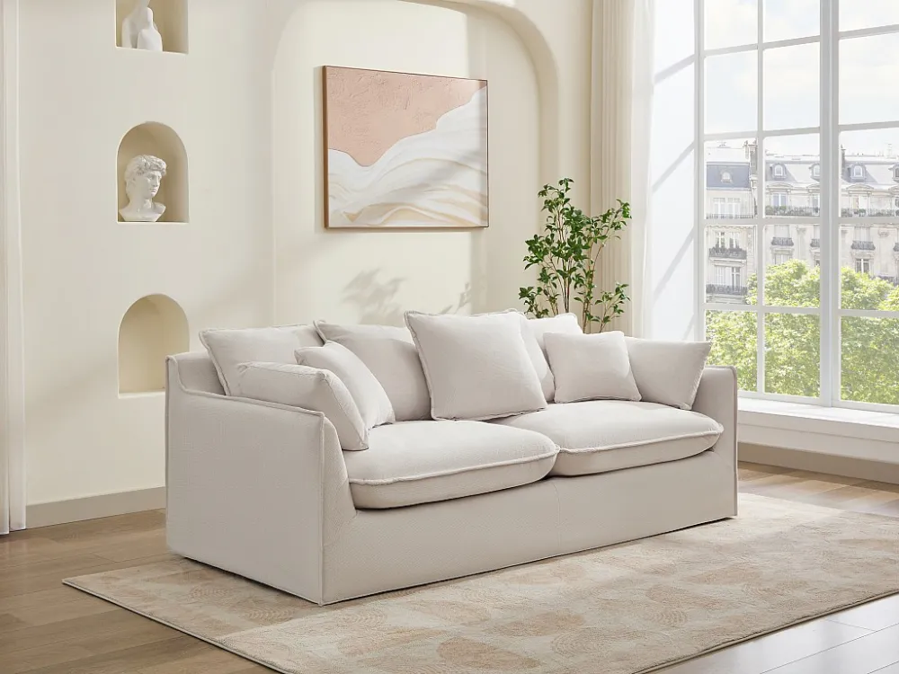Driezitsbank van beige stof met overig kussens CABORNI - Universeel Pasmodel