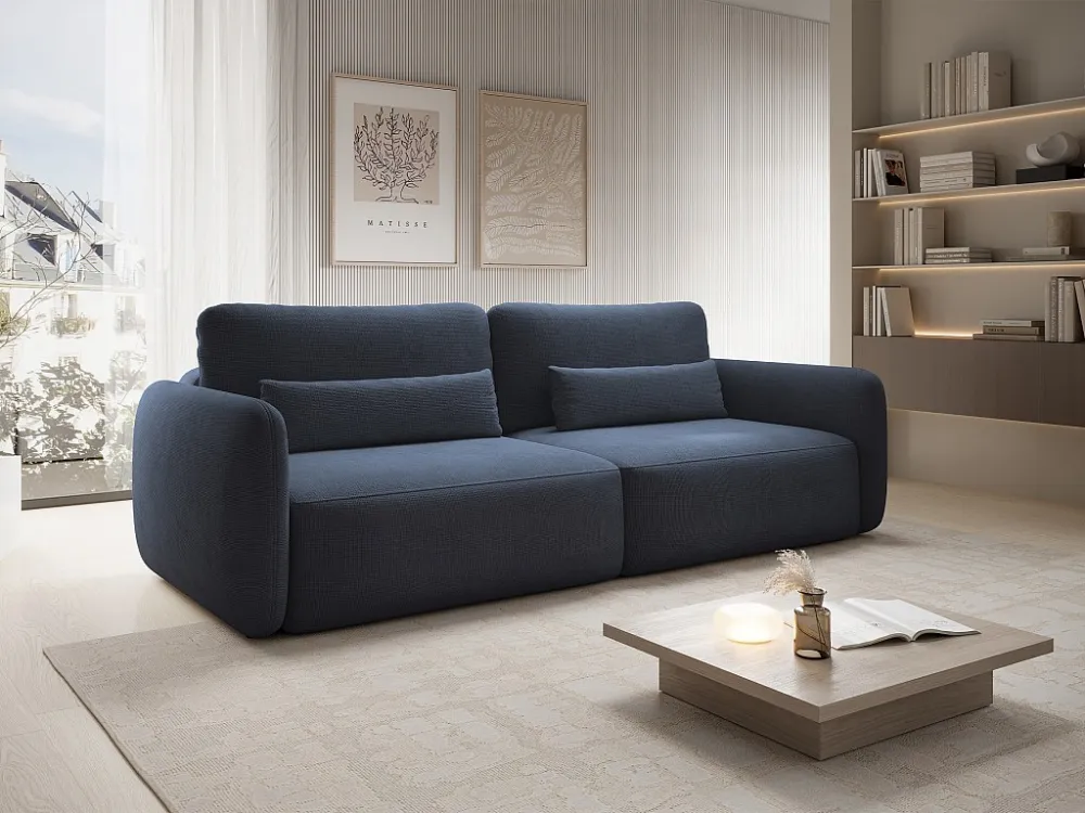 Driezitsslaapbank van marineblauwe stof met textuur VOPOZA Easy Clean Oppervlak