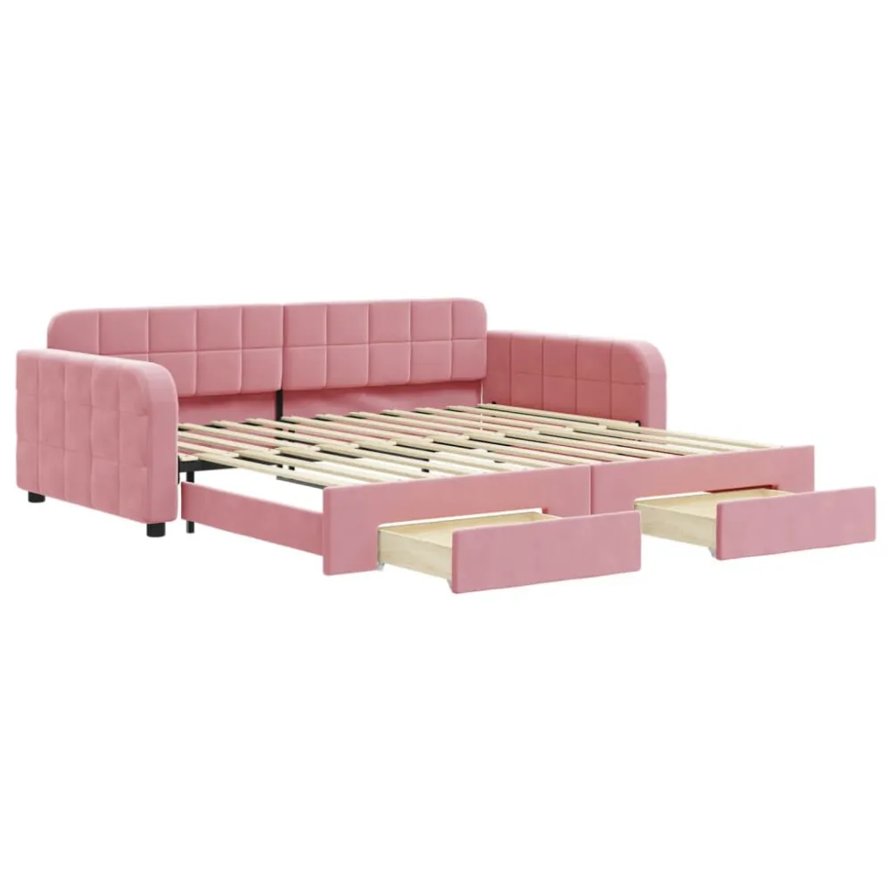 Premium Slaapbank met onderschuifbed en lades 100x200 cm fluweel roze