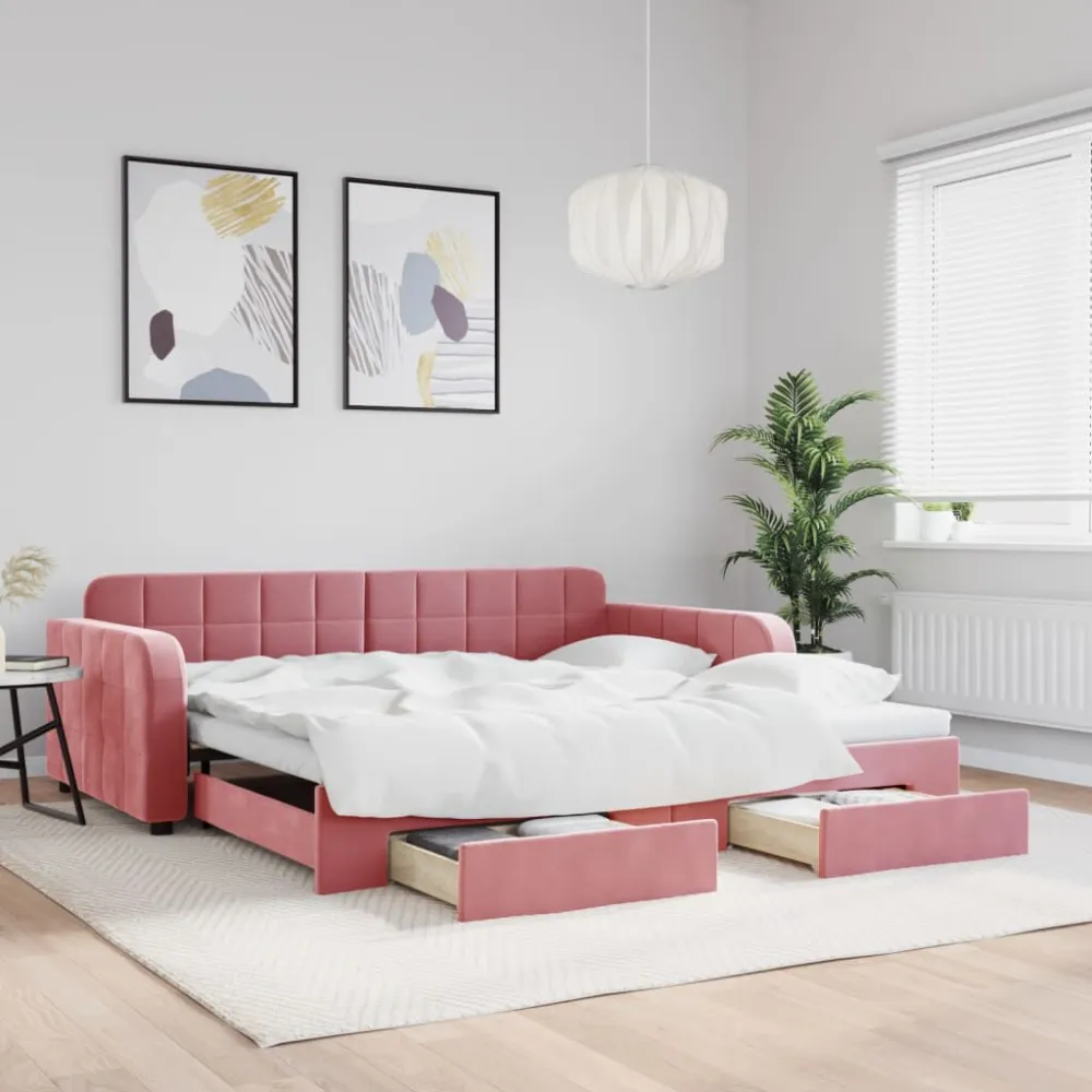 Premium Slaapbank met onderschuifbed en lades 100x200 cm fluweel roze