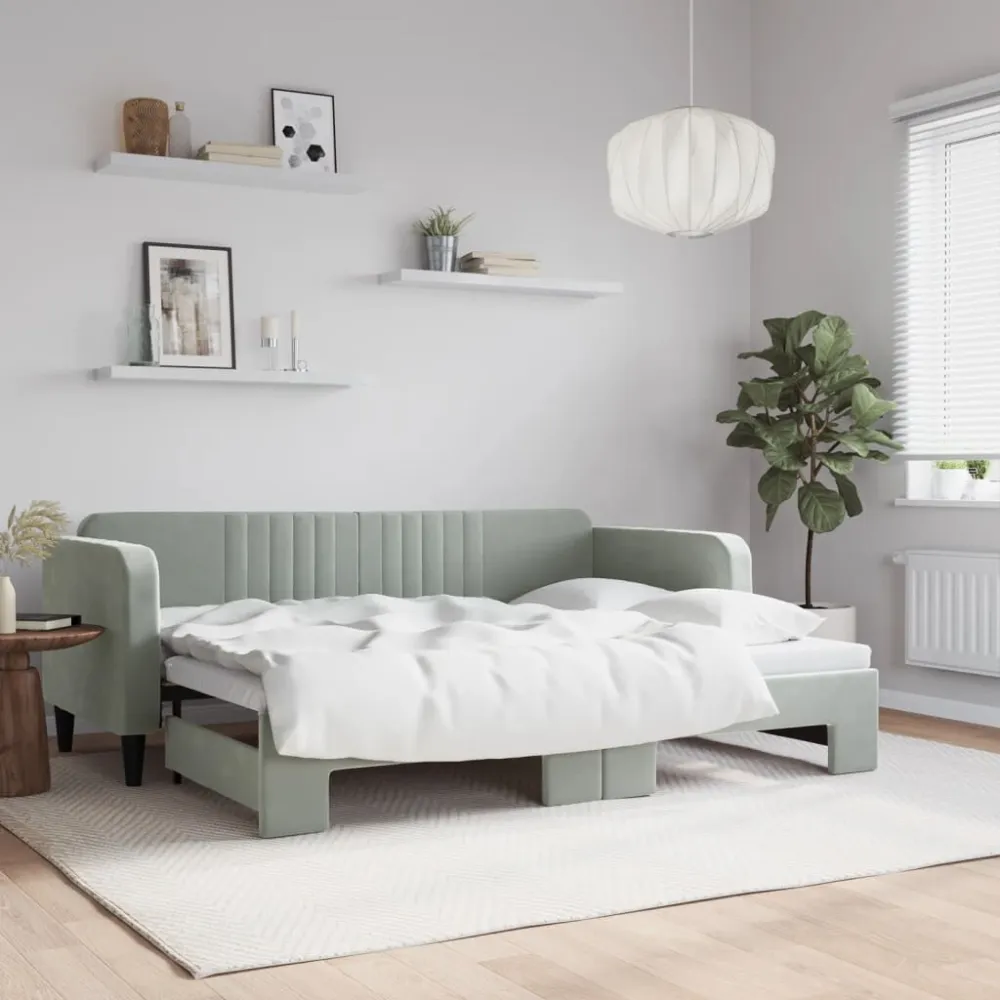 Slaapbank met onderschuifbed 80x200 cm fluweel lichtgrijs