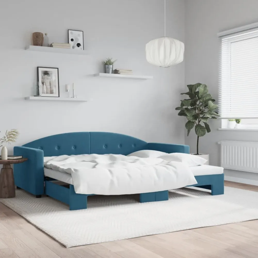 Slaapbank met onderschuifbed 90x200 cm fluweel blauw