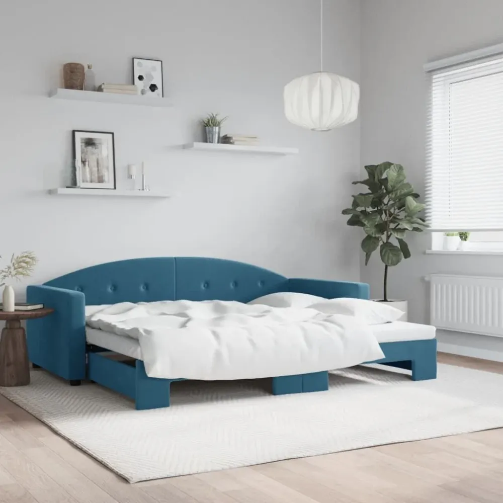 Slaapbank met onderschuifbed 90x200 cm fluweel blauw