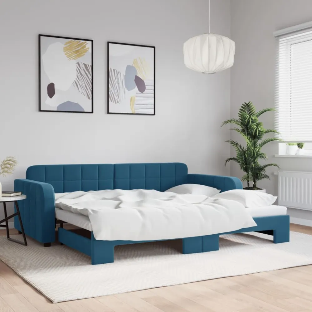 Slaapbank met onderschuifbed 90x200 cm fluweel blauw