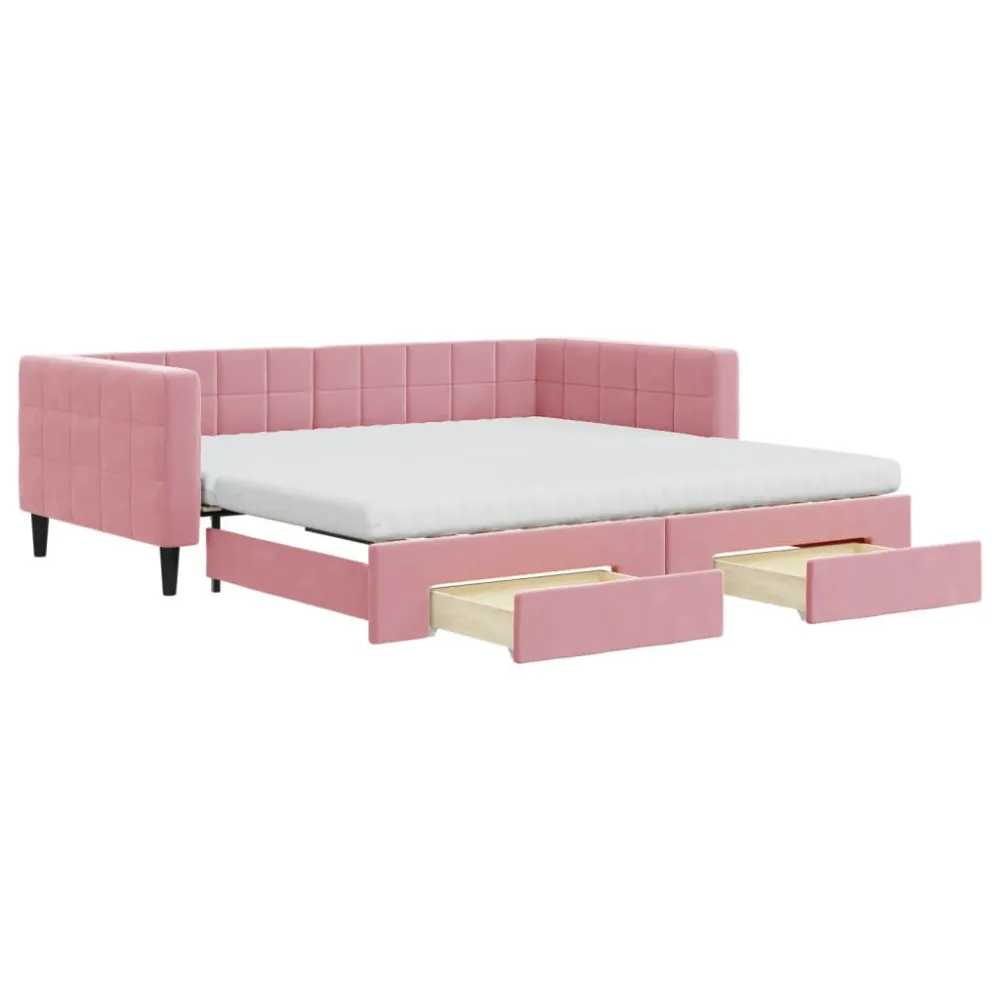 Slaapbank met onderschuifbed en lades 100x200 cm fluweel roze met Zachte Afwerking