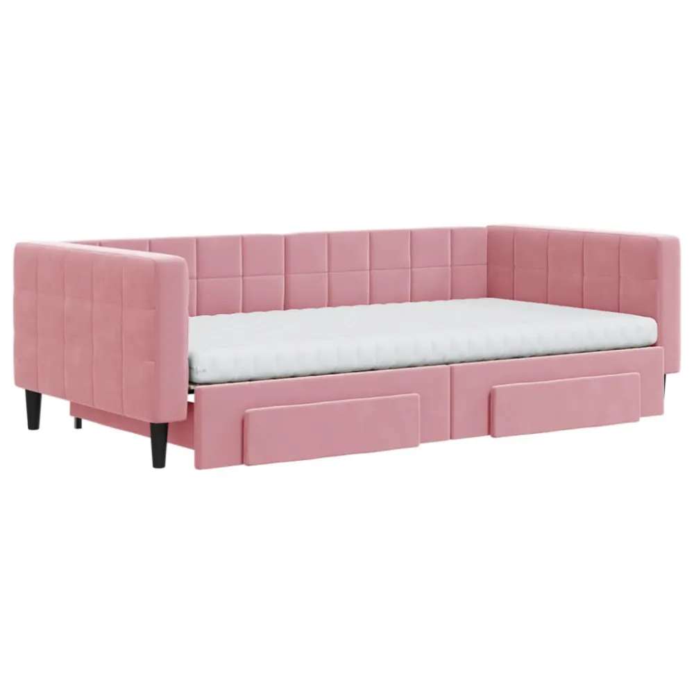 Slaapbank met onderschuifbed en lades 100x200 cm fluweel roze met Zachte Afwerking