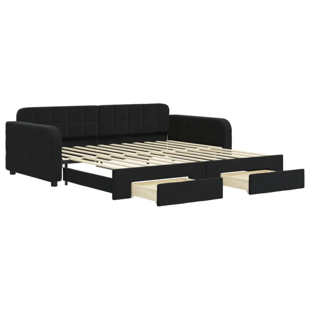 Slaapbank met onderschuifbed en lades 100x200 cm fluweel zwart met Zachte Afwerking