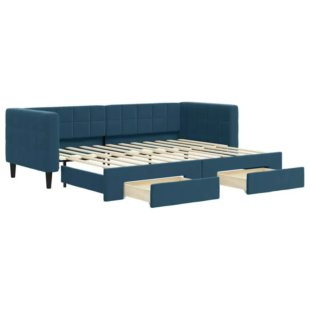 Slaapbank met onderschuifbed en lades 80x200 cm fluweel blauw met Klittenband Bevestiging