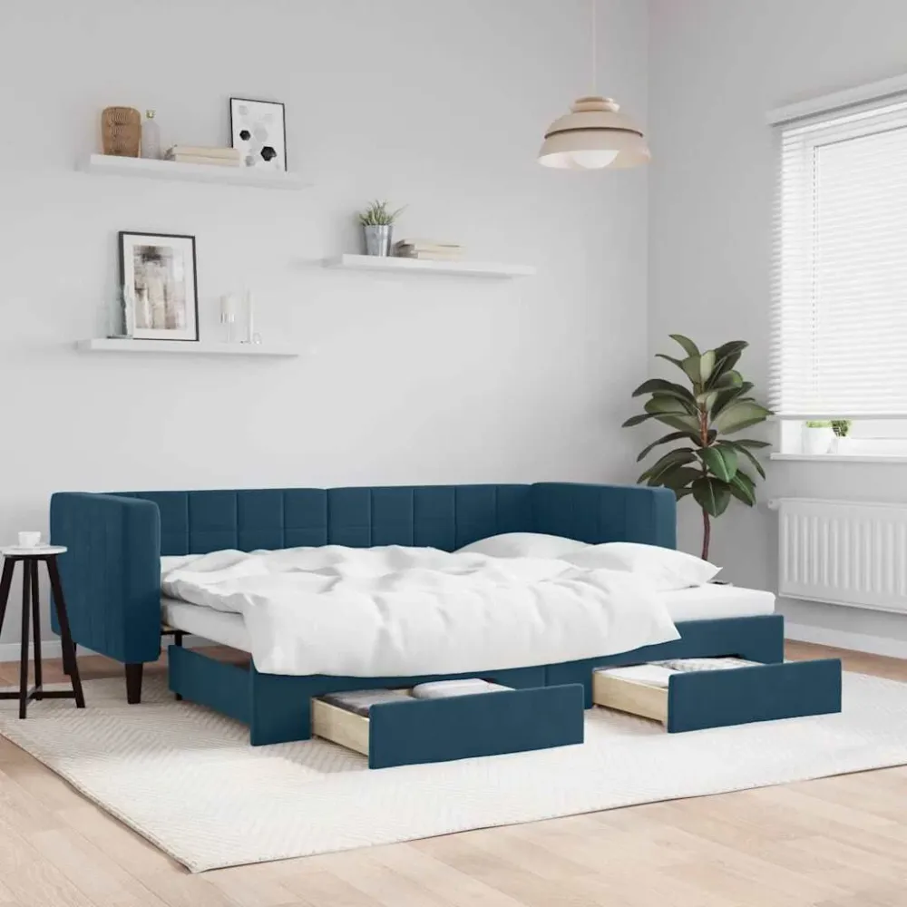 Slaapbank met onderschuifbed en lades 80x200 cm fluweel blauw met Klittenband Bevestiging
