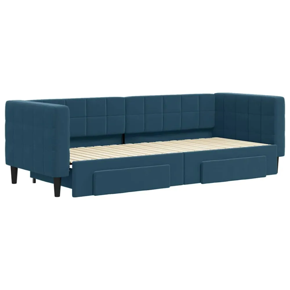 Slaapbank met onderschuifbed en lades 80x200 cm fluweel blauw met Klittenband Bevestiging