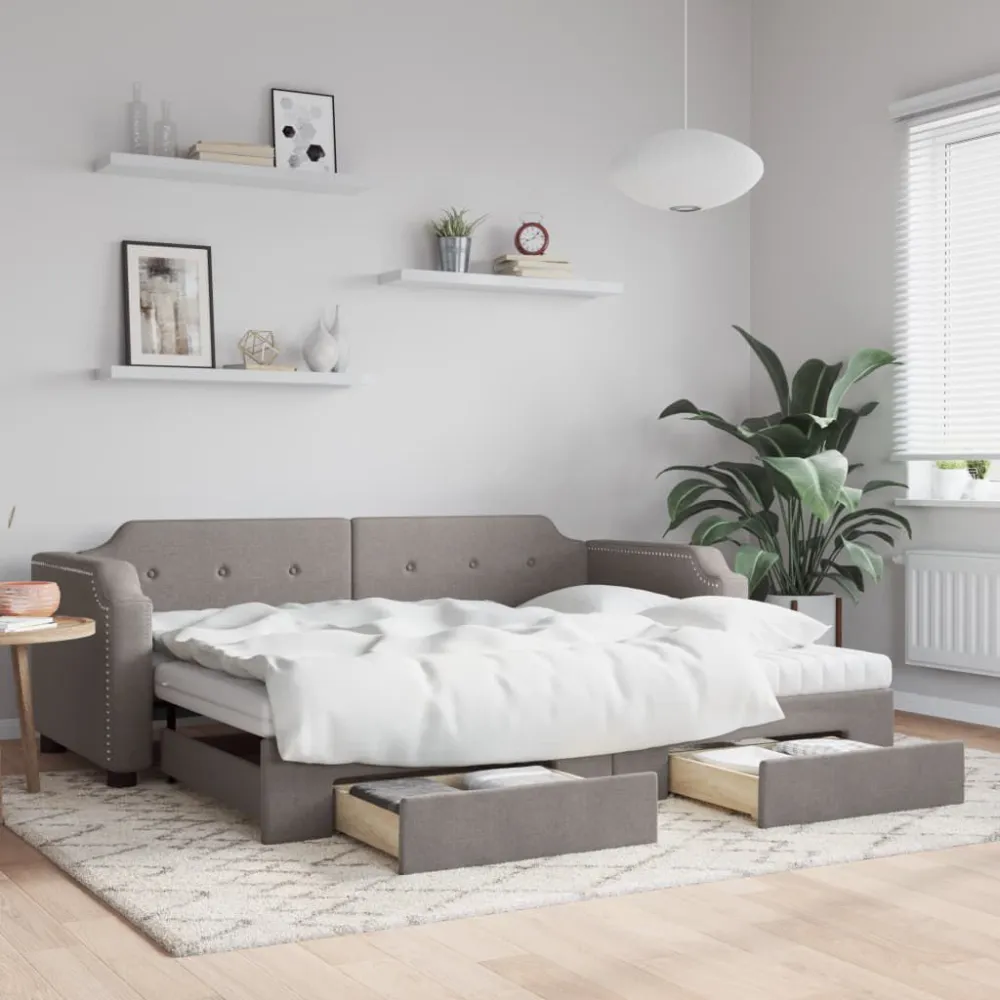 Slaapbank met onderschuifbed en lades 80x200 cm stof taupe Beige | Donkergrijs