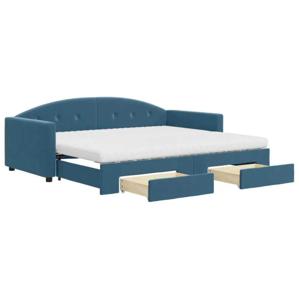Slaapbank met onderschuifbed en lades 90x200 cm fluweel blauw