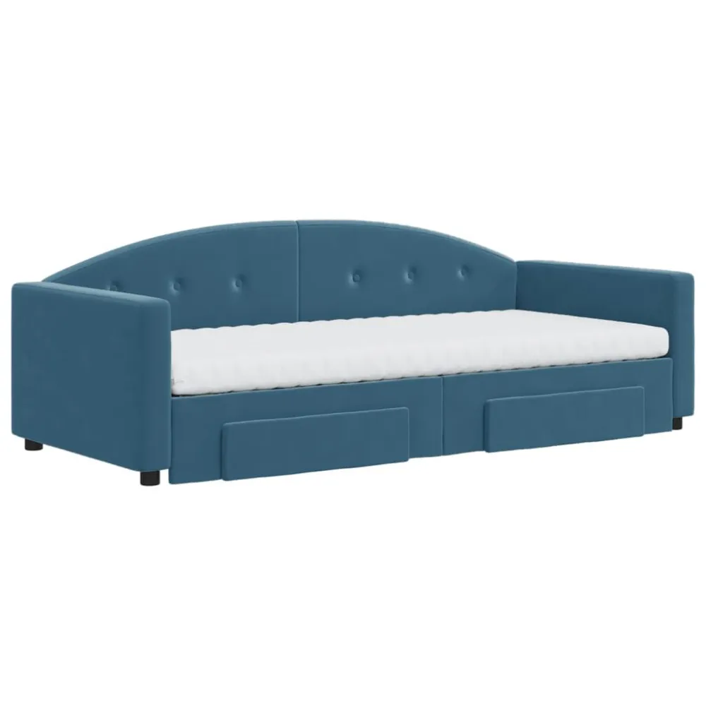 Slaapbank met onderschuifbed en lades 90x200 cm fluweel blauw
