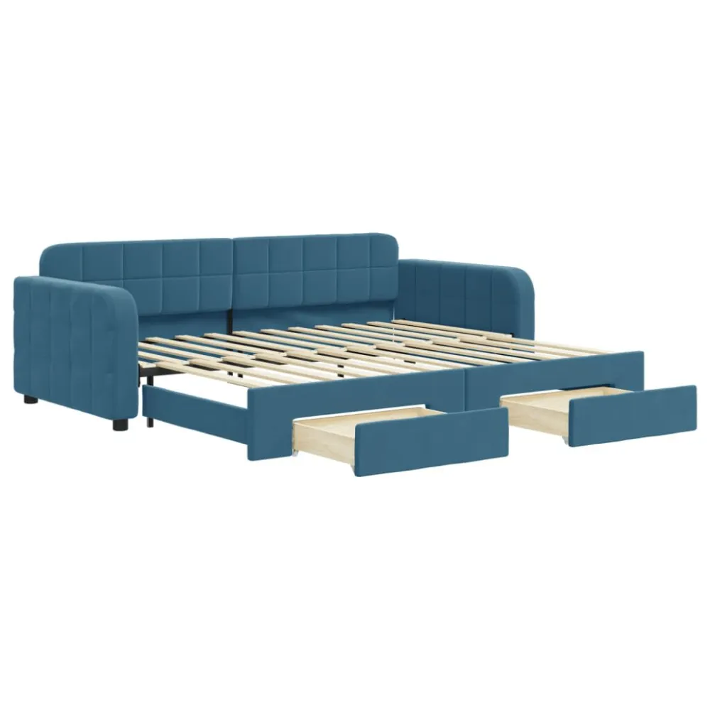 Slaapbank met onderschuifbed en lades 90x200 cm fluweel blauw