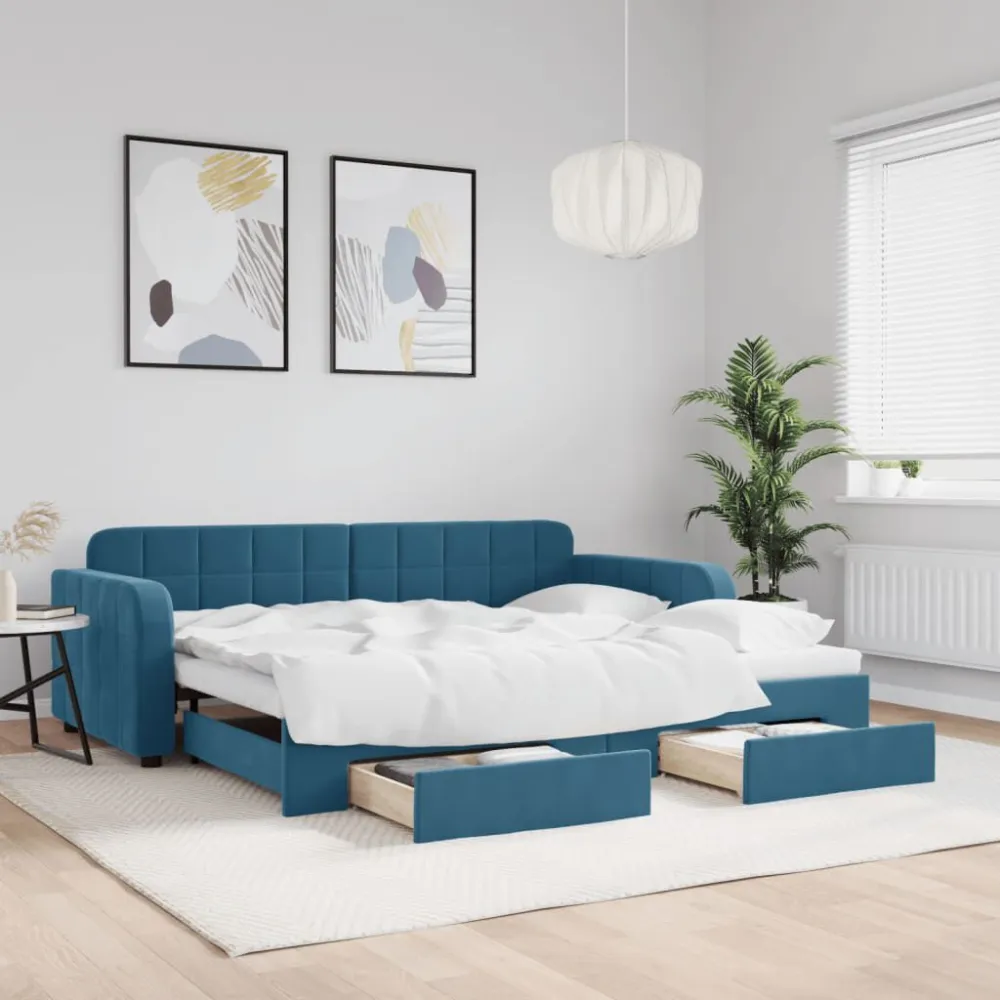 Slaapbank met onderschuifbed en lades 90x200 cm fluweel blauw