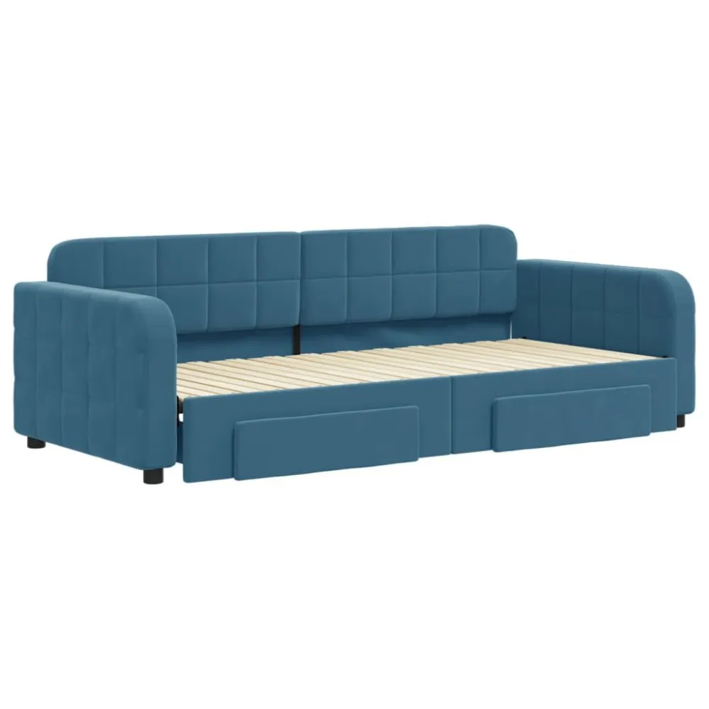 Slaapbank met onderschuifbed en lades 90x200 cm fluweel blauw