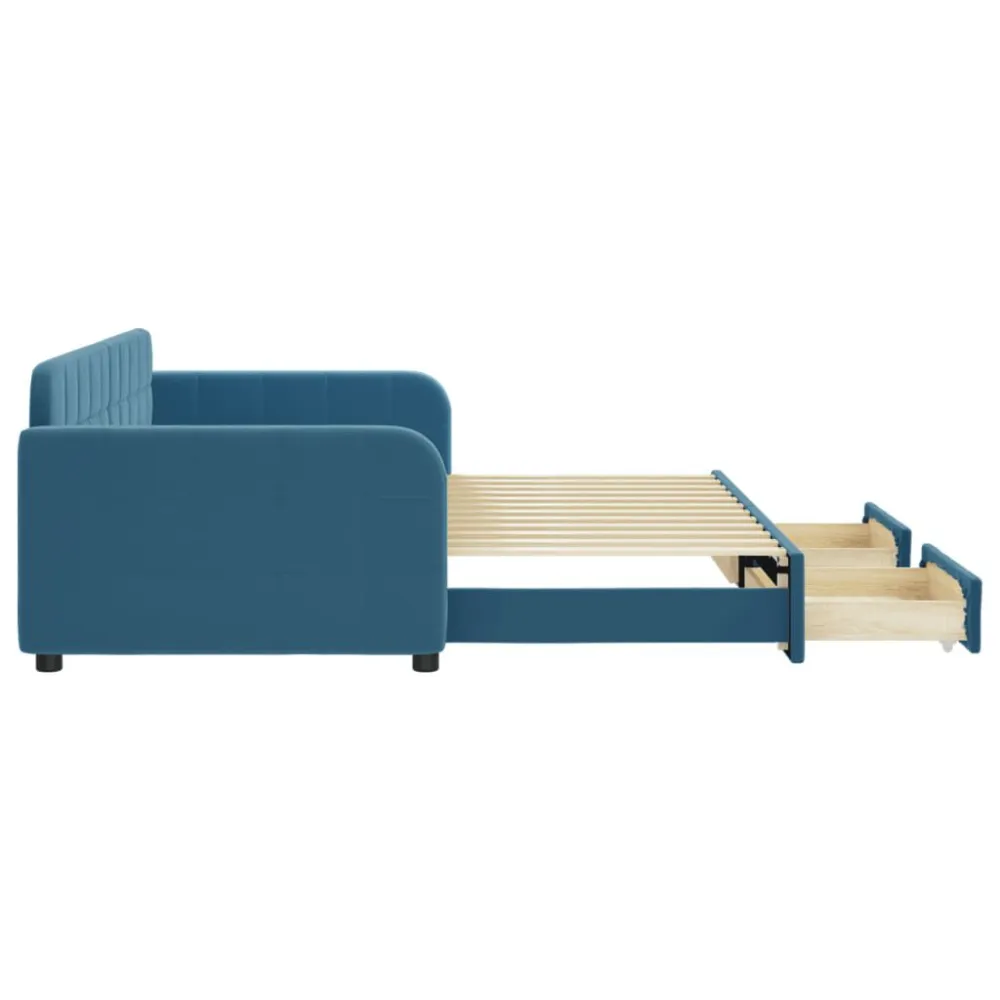 Slaapbank met onderschuifbed en lades 90x200 cm fluweel blauw