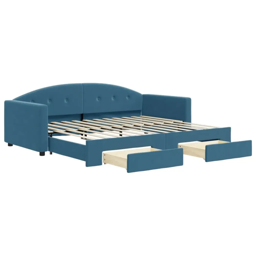 Slaapbank met onderschuifbed en lades 90x200 cm fluweel blauw