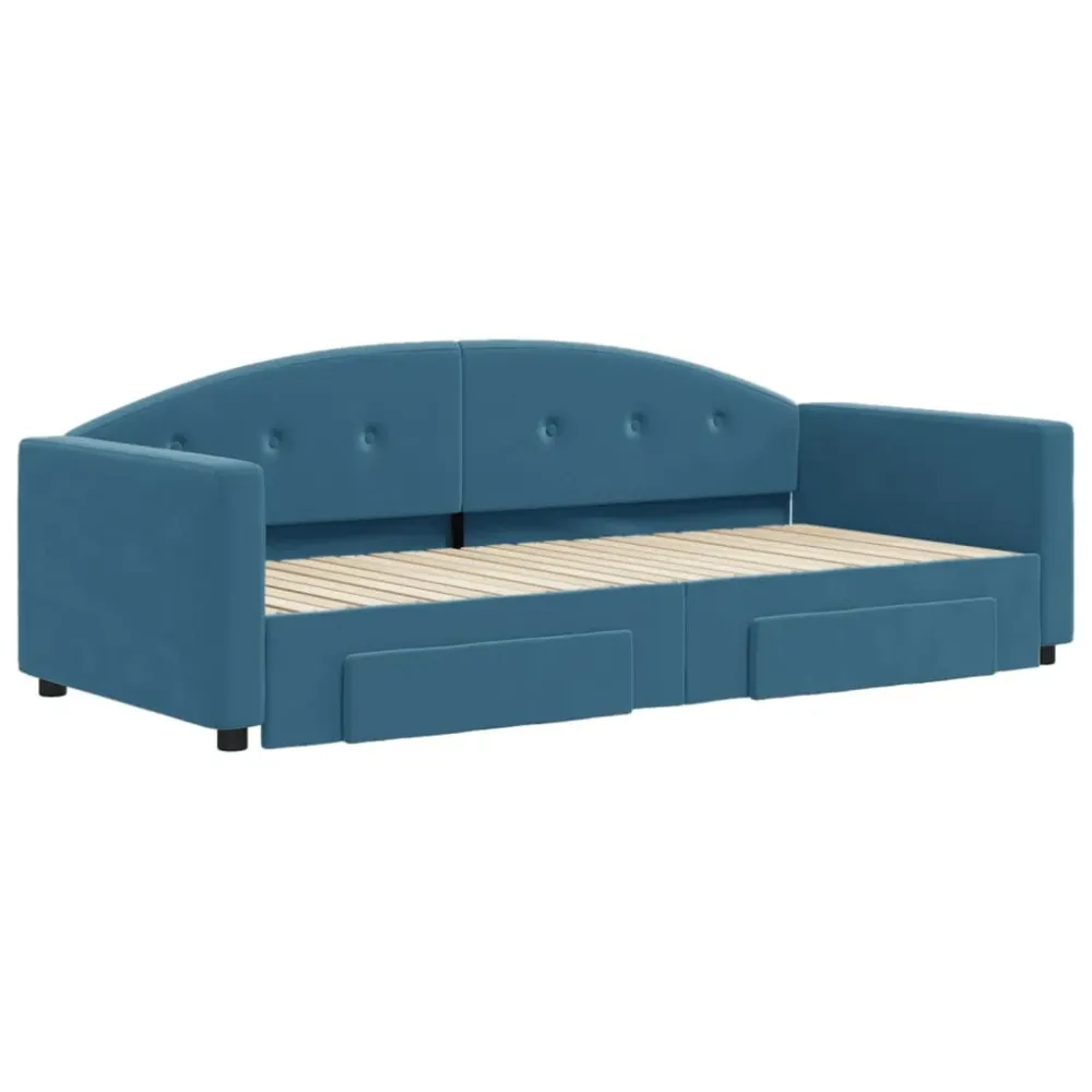 Slaapbank met onderschuifbed en lades 90x200 cm fluweel blauw