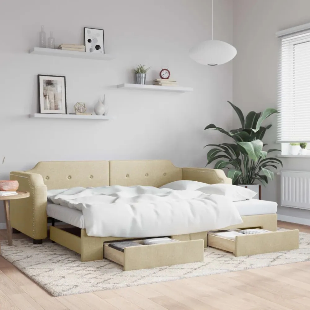 Slaapbank met onderschuifbed en lades 90x200 cm stof crèmekleur