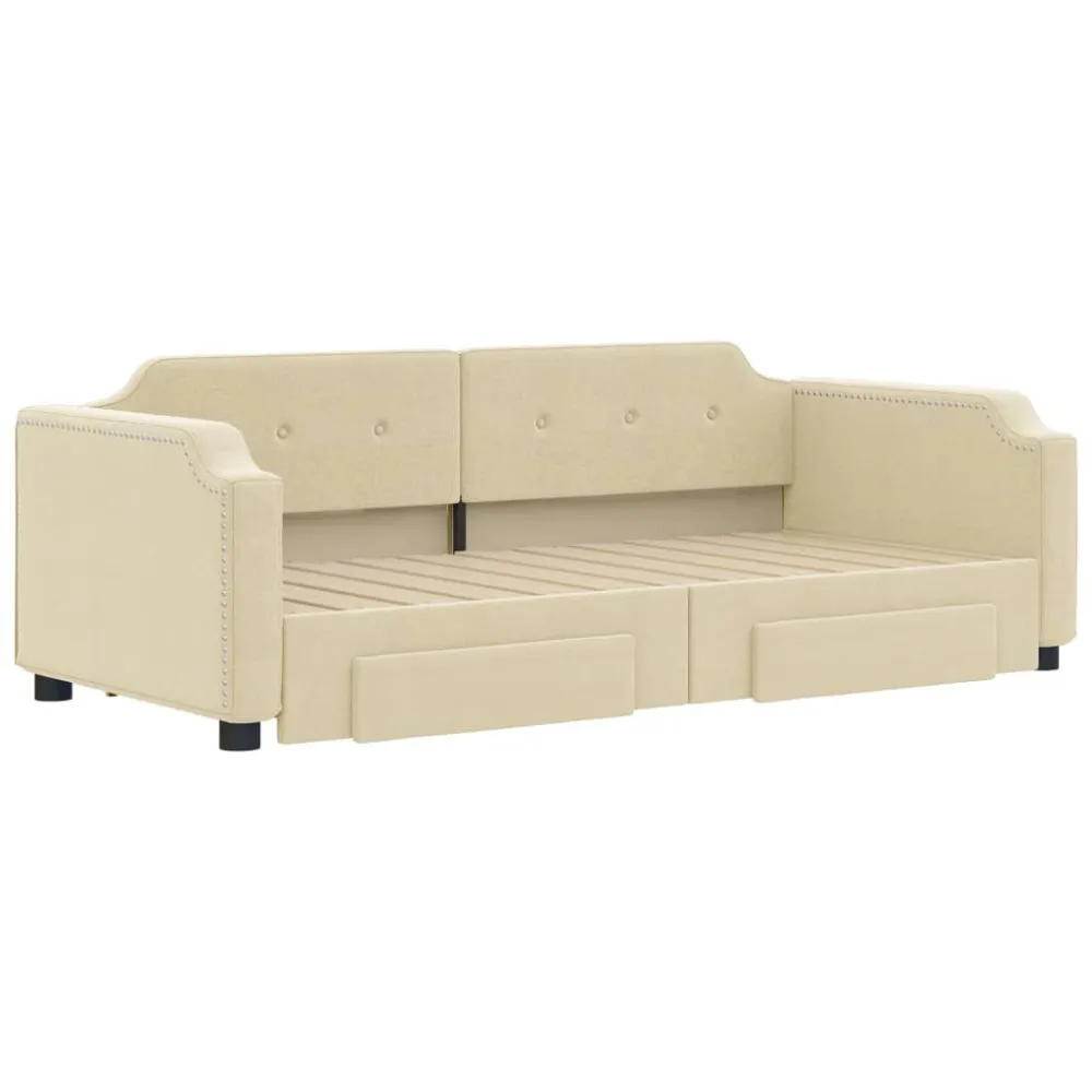 Slaapbank met onderschuifbed en lades 90x200 cm stof crèmekleur