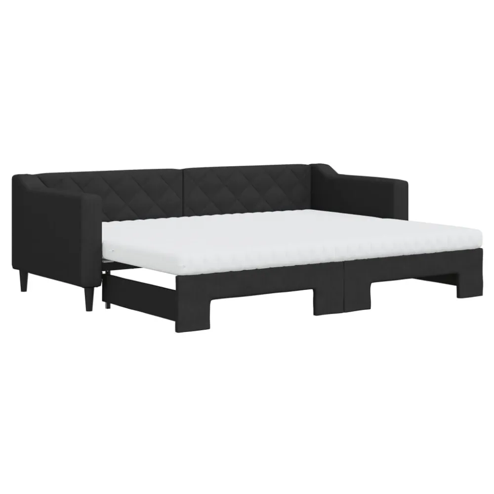 Slaapbank met onderschuifbed en matrassen 80x200 cm stof zwart