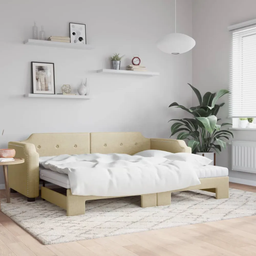 Slaapbank met onderschuifbed en matrassen 80x200 cm stof crème