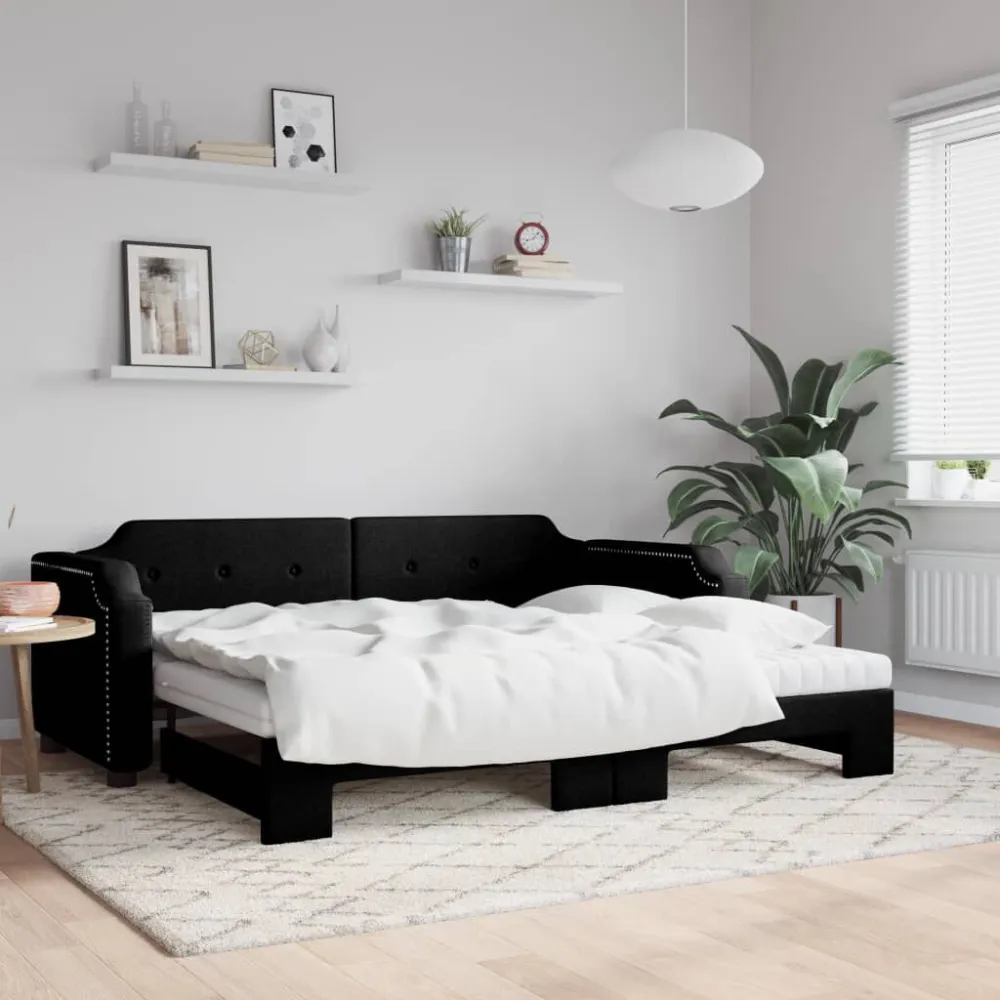 Slaapbank met onderschuifbed en matrassen 80x200 cm stof zwart
