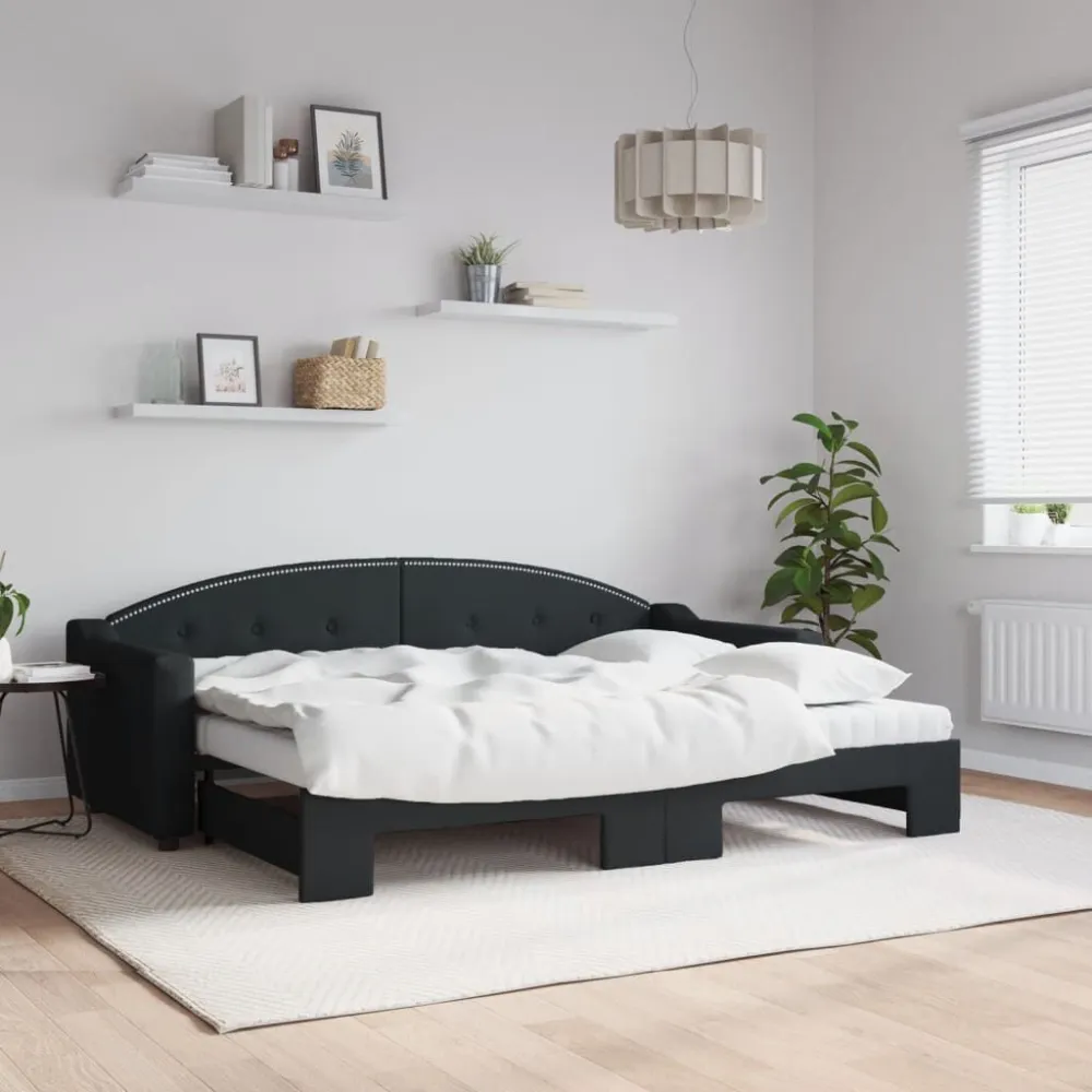 Slaapbank met onderschuifbed en matrassen 80x200 cm stof zwart