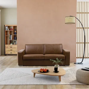 Slaapbank met 3 zitplaatsen 100% oud karamel buffelleer en een matras van 18 cm DELECTEA II