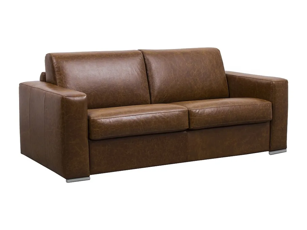 Slaapbank met 3 zitplaatsen 100% oud karamel buffelleer en een matras van 18 cm DELECTEA II