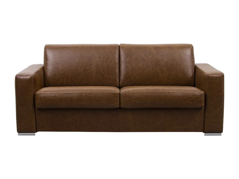 Slaapbank met 3 zitplaatsen 100% oud karamel buffelleer en een matras van 18 cm DELECTEA II