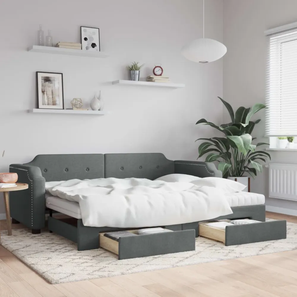 Slaapbank onderschuifbed en lades 100x200 cm stof donkergrijs