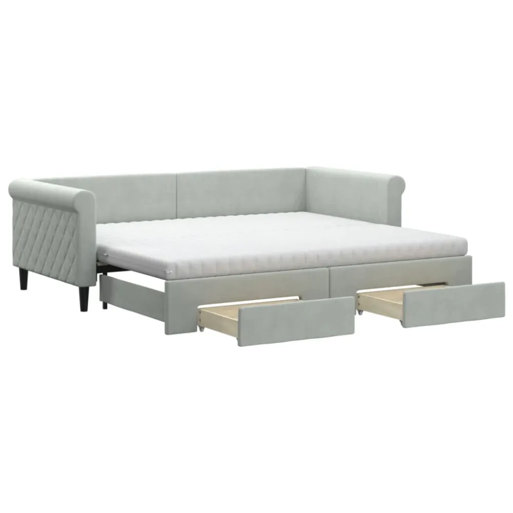 Slaapbank onderschuifbed en lades 90x200 cm fluweel lichtgrijs